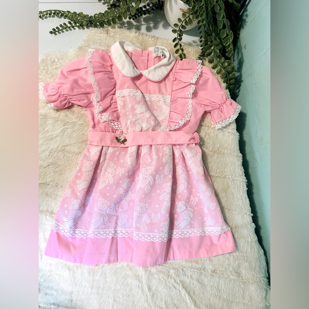Vintage pink child’s dress with white lace overlay 3x